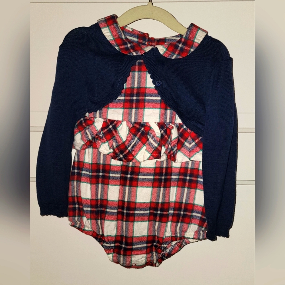 Cat & Jack plaid flannel baby girls holiday romper with matching sweater. 18m.